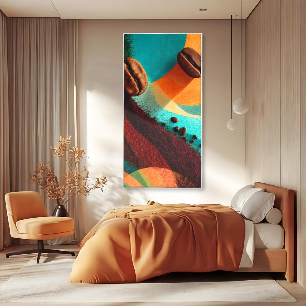 Tablou canvas cu tablou abstract cu boabe de cafea, in rama de aluminiu argintiu, pe perete intr-un dormitor